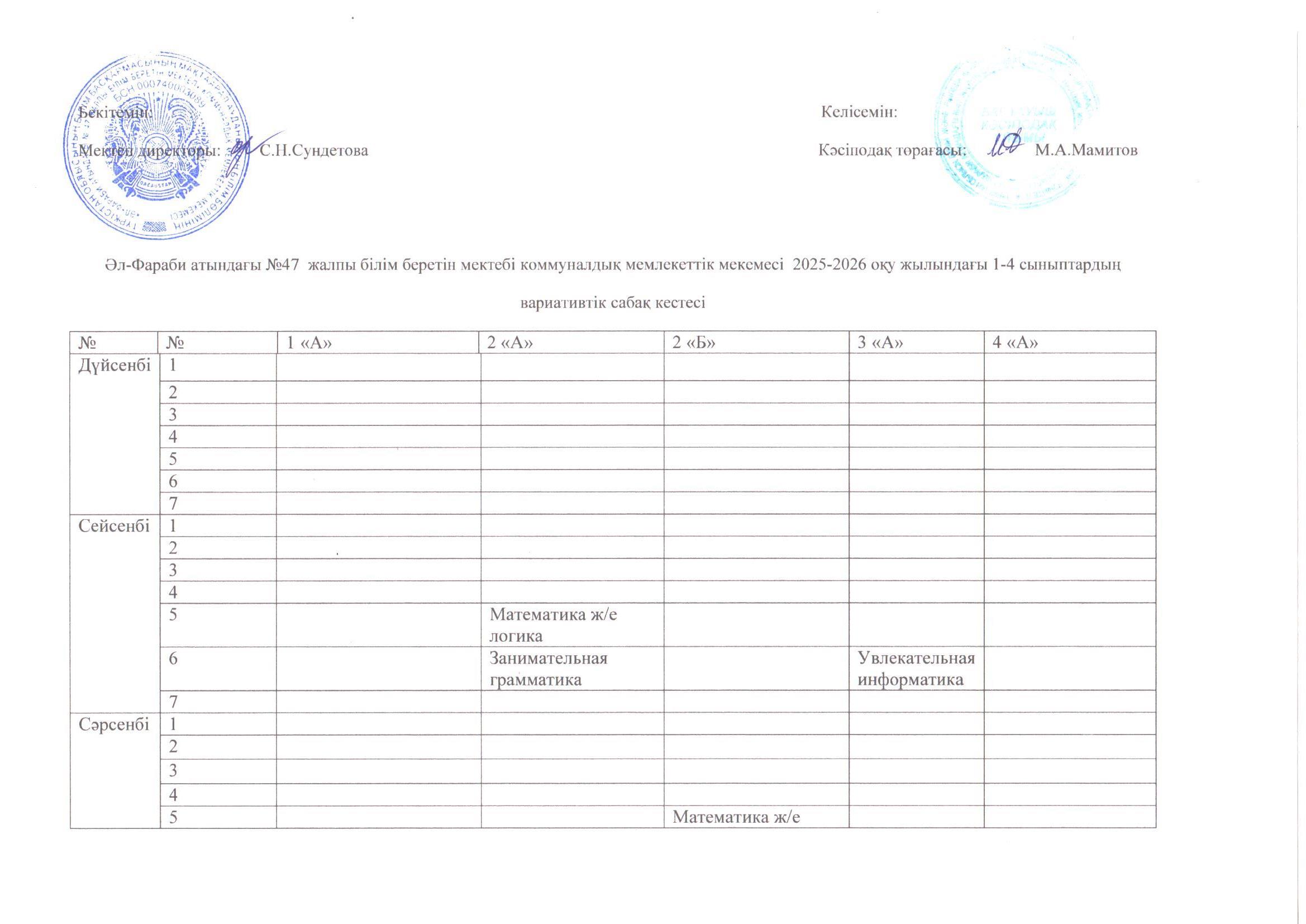 Сабақ кестесі вар баст 25-26 о.ж